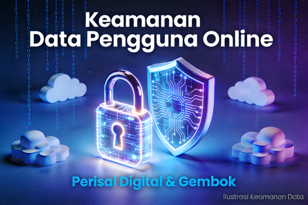 Ilustrasi keamanan data pengguna online dengan simbol gembok dan perisai digital