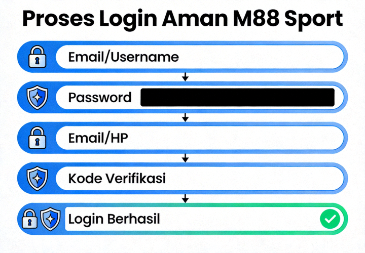 Ilustrasi proses login M88 Sport yang aman dengan simbol gembok dan perisai